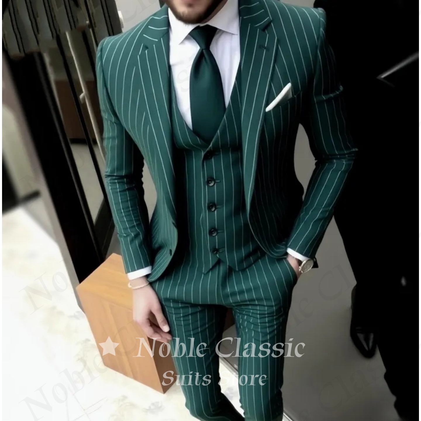 Men Formal Wear Wedding Guest - Mens Suit Green Striped Slim Fit
