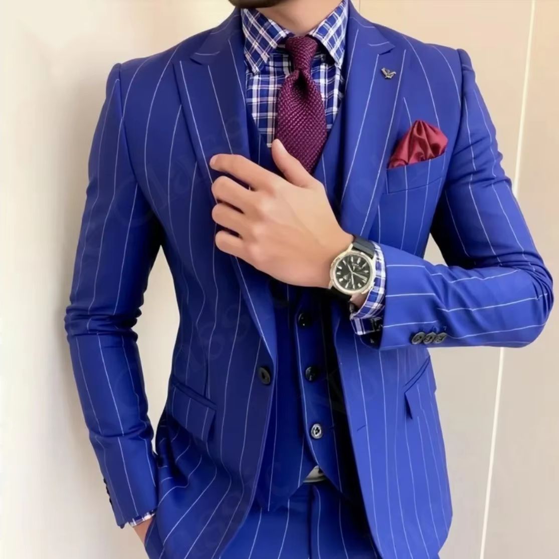 Men Blue Pinstripe 3 Piece Sui - Men Formal Wear Wedding Guest review and price